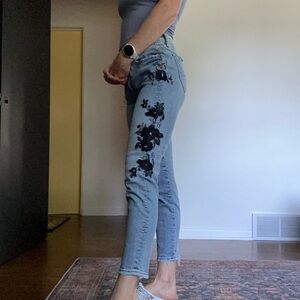 DRIFTWOOD Blue Jeans with Black Floral Embroidery